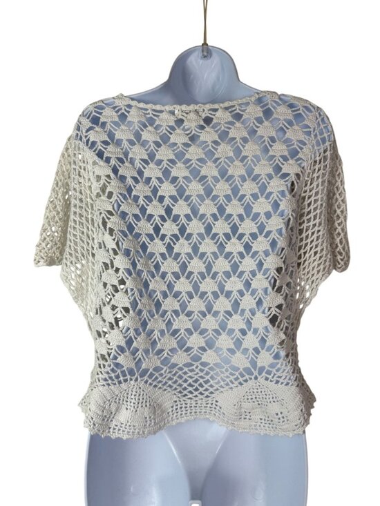 Kamiseta Crochet Open Knit White Top size XXS Short Sleeves Cottage Beachy - Picture 2 of 15